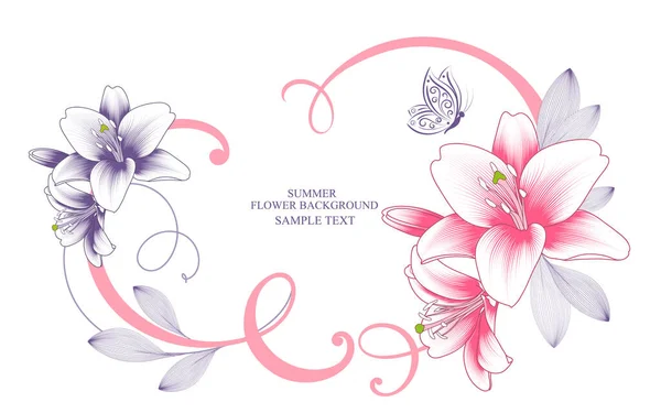 Moldura Floral Festiva Com Lindos Botões Flor Lírio Cachos Borboleta — Vetor de Stock
