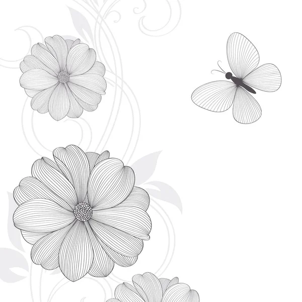 Dibujo Mano Fondo Floral Con Mariposa Dalia Flores Vectoriales Elemento — Vector de stock