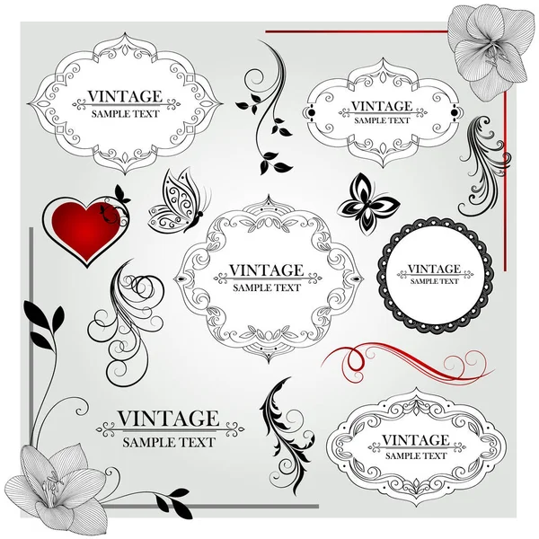 Set Cornici Floreali Calligrafiche Mano Elementi Design Illustrazione Vettoriale — Vettoriale Stock