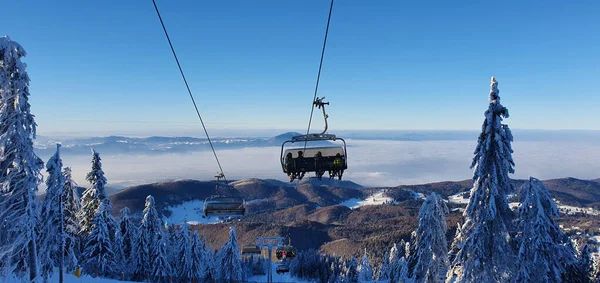 スキー場ではリフトに乗っています モミの木 山や青空と美しい冬の風景 冬の娯楽と観光 ストック写真