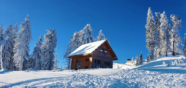 山の中で孤独な木造住宅雪のおとぎ話の冬の風景です 晴れた霜の日に冬のリゾート地のモミの森のコテージ ストック画像