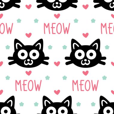 Şirin kediler, kalpler ve çiçeklerle kusursuz tekrarlanan desen