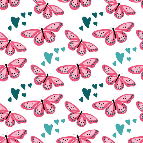 Seamless Repeating Pattern Butterflies Hearts — Stock Vector