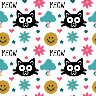 Kediler, çiçekler, bulutlar ve kalplerle tekrarlanan kusursuz desen