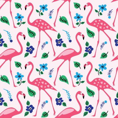 Flamingolar ve çiçeklerle kusursuz tekrarlanan desen