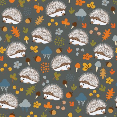 Bulutlar, çiçekler, yapraklar ve kirpilerle kusursuz tekrarlanan desen