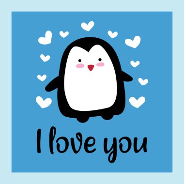 Sevimli penguen ve kalplerle yazı yazmana bayılıyorum. vektör illüstrasyonu