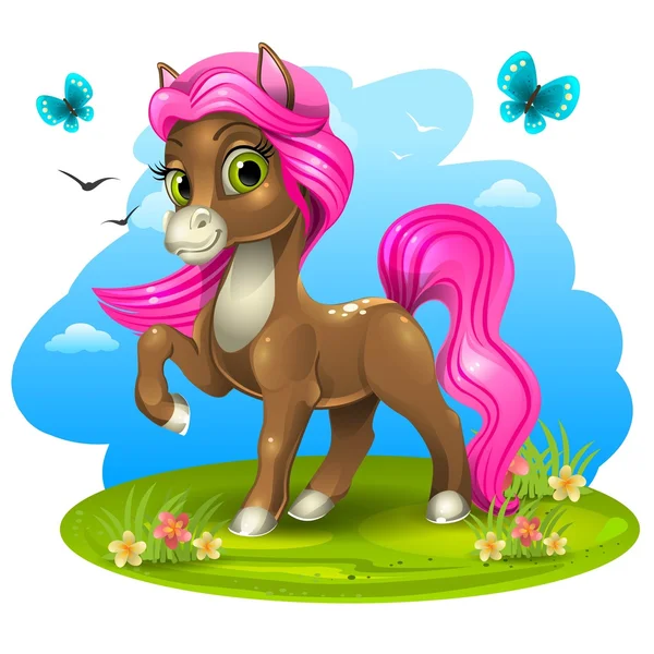 Brown pony with pink tail — Stock Vector