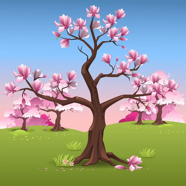 Magnolia árvore paisagem — Vetor de Stock