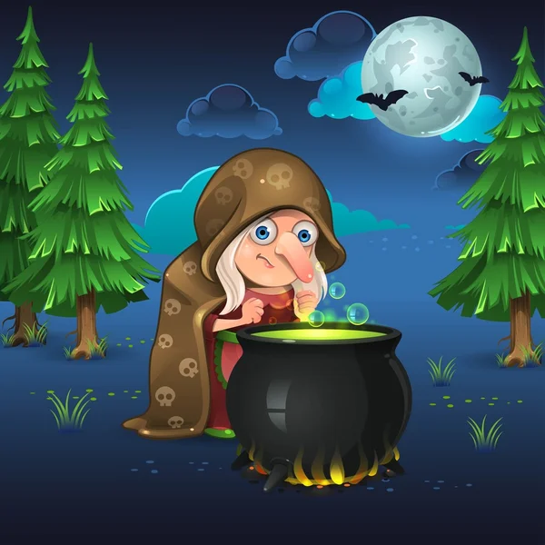 Bosque nocturno con bruja — Vector de stock