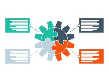 Dört numaralı açıklayıcı metin alanı ile bulmaca vites sunum yuvarlak yüzlü. Vektör Infographic diyagramı şablonu.
