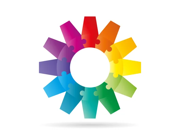 Flache Regenbogenspektrum farbige Puzzle-Präsentation Infografik-Vorlage mit erklärendem Textfeld. Vektorgrafik-Vorlage. — Stockvektor