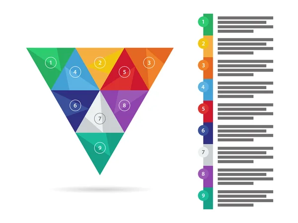 Kleurrijke spectrum regenboog geometrische driehoekige negen dubbelzijdige presentatie infographic diagram grafiek vector grafische sjabloon met verklarende tekstveld geïsoleerd op witte achtergrond — Stockvector