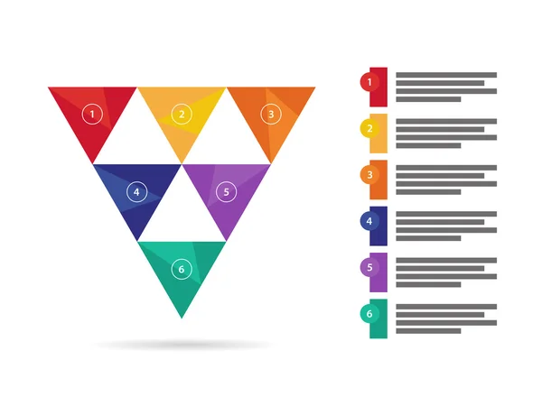 Buntes Spektrum Regenbogen geometrisch dreieckig neunseitige Präsentation Infografik Diagramm Diagramm Vektorgrafik Vorlage mit erklärendem Textfeld isoliert auf weißem Hintergrund — Stockvektor