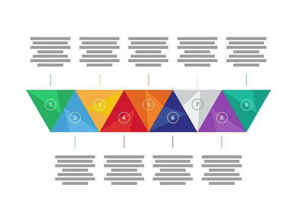 Färgglada spektrum rainbow geometriska trekantiga nio ensidig presentation infographic diagram vektor grafisk diagrammall med förklarande textfält isolerad på vit bakgrund — Stock vektor