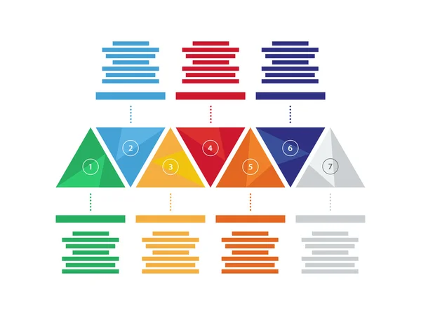 Kleurrijke spectrum regenboog geometrische driehoekige negen dubbelzijdige presentatie infographic diagram grafiek vector grafische sjabloon met verklarende tekstveld geïsoleerd op witte achtergrond — Stockvector