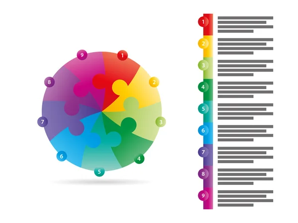 Modello infografico di presentazione di puzzle colorato con spettro arcobaleno piatto con campo di testo esplicativo. Modello grafico vettoriale . — Vettoriale Stock