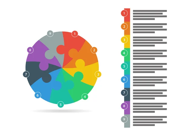 Flache Regenbogenspektrum farbige Puzzle-Präsentation Infografik-Vorlage mit erklärendem Textfeld. Vektorgrafik-Vorlage. — Stockvektor