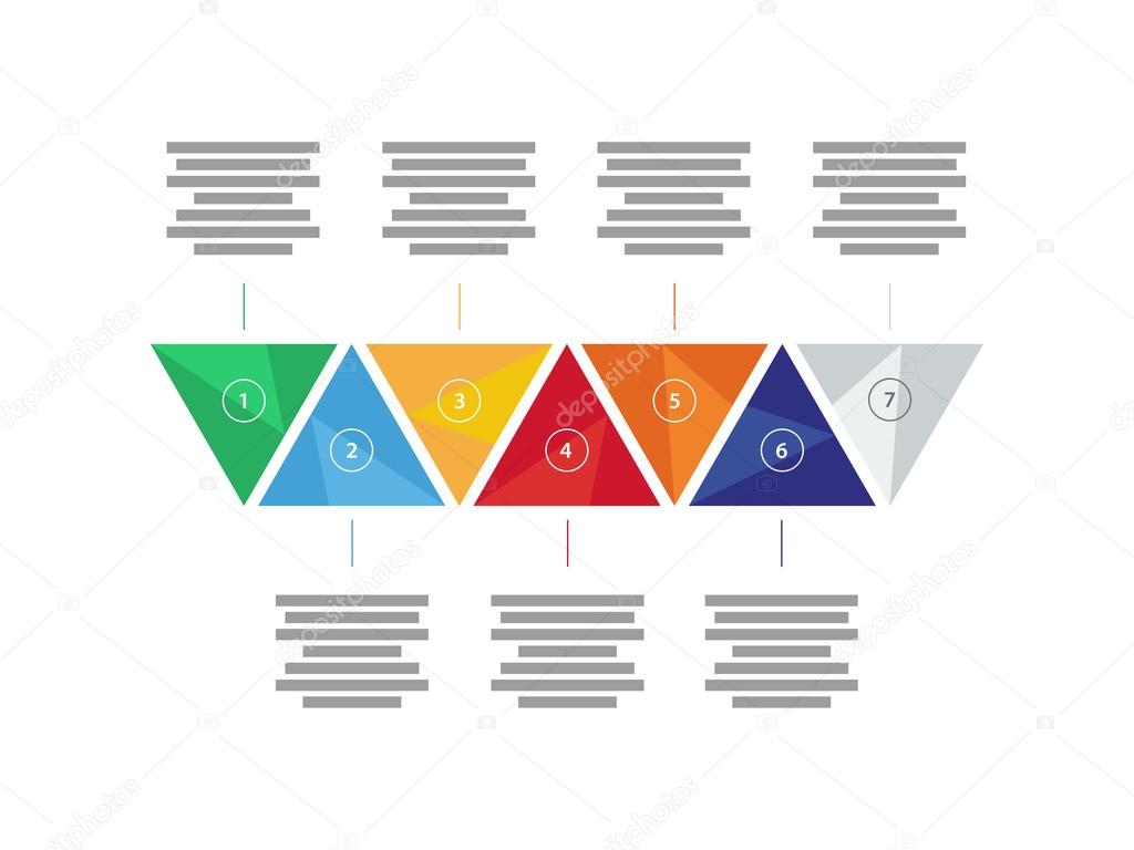 Colorful spectrum rainbow geometric triangular nine sided presentation infographic diagram chart vector graphic template with explanatory text field isolated on white background
