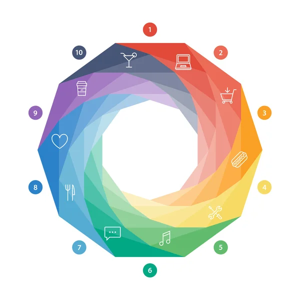 Flache Verschlussdiagramm-Vorlage für Ihre Unternehmenspräsentation mit Textbereichen und Symbolen. Vektor-Infografik-Design. — Stockvektor