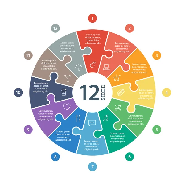 Genummerde platte regenboog spectrum gekleurde puzzel presentatie infographic grafiek met verklarende tekstveld geïsoleerd op een witte achtergrond. Vector grafische sjabloon. Collectie. — Stockvector