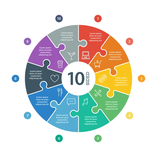 Genummerde platte regenboog spectrum gekleurde puzzel presentatie infographic grafiek met verklarende tekstveld geïsoleerd op een witte achtergrond. Vector grafische sjabloon. Collectie. — Stockvector