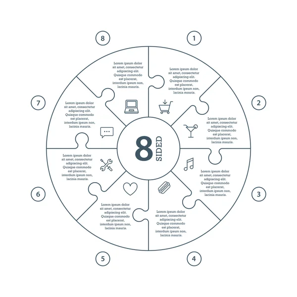 Cuadro infográfico de presentación de rompecabezas de línea plana numerada con campo de texto explicativo aislado sobre fondo blanco. plantilla gráfica vectorial. Colección . — Vector de stock