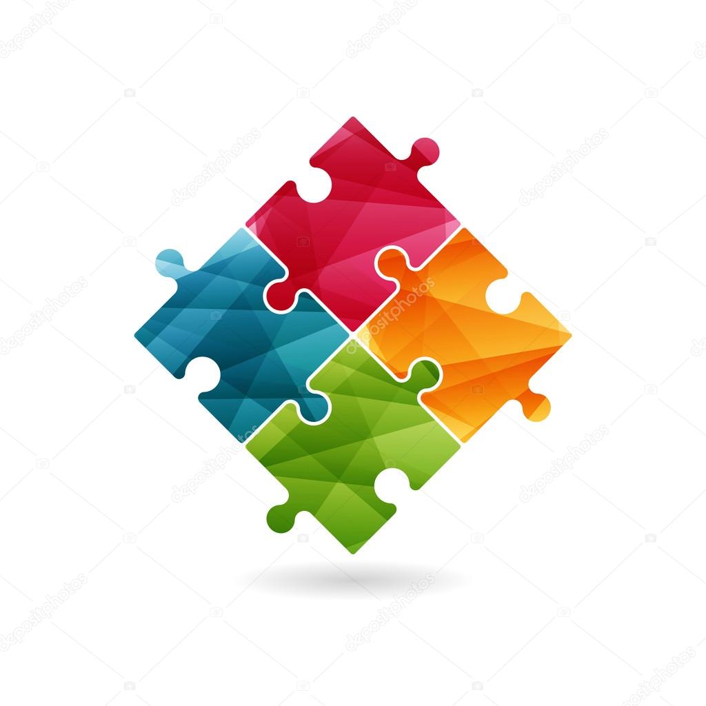 Colorful puzzle pieces forming a square in movement. Vector graphic illustration template isolated on white background.