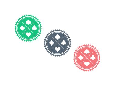 Vintage retro hippi tarzı grunge bozuk rozet damga daire işareti vektör illüstrasyon grafik şablon beyaz arka plan üzerinde izole renkli casino poker kartları sembolü