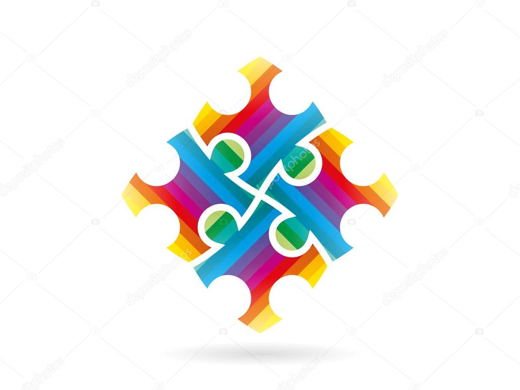 Colorful puzzle pieces forming a whole square in movement vector graphic illustration template isolated on white background