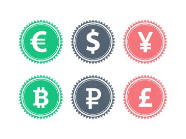 Euro dolar Yen Yuan Bitcoin Rubel Lirası ana para birimleri sembolleri grunge vintage hippi tarzı pul rozet işareti vektör illüstrasyon grafik şablonuna beyaz arka plan üzerinde izole