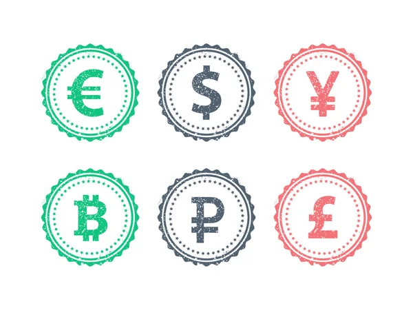 Euro Dólar Yen Yuan Bitcoin Rubel Libra símbolos principais moedas em grunge estilo hipster vintage selo emblema sinal vetor ilustração gráfico modelo isolado no fundo branco —  Vetores de Stock