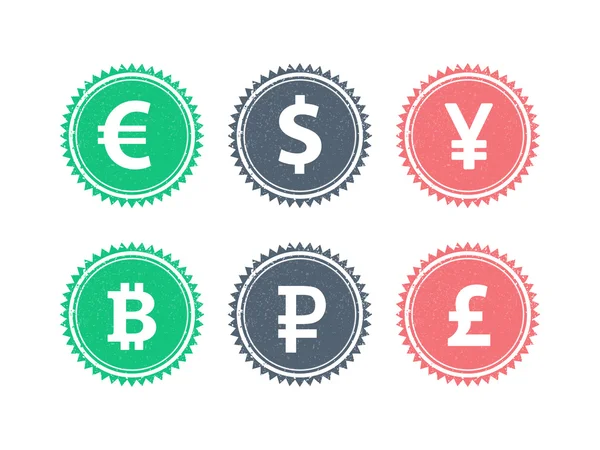 Euro Dollar Yen Yuan Bitcoin Rubel Pound mainstream currencies symbols on grunge vintage hipster style stamp badge sign vector illustration graphic template isolated on white background — Stock Vector