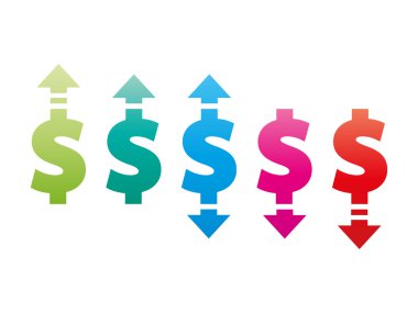 Renkli dolar işareti simgesi rozet afiş yukarı ve aşağı. Vektör grafik illüstrasyon şablonu. Beyaz arka plan üzerinde izole.