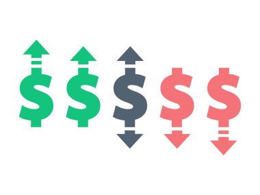 Renkli dolar işareti simgesi rozet afiş yukarı ve aşağı. Vektör grafik illüstrasyon şablonu. Beyaz arka plan üzerinde izole.