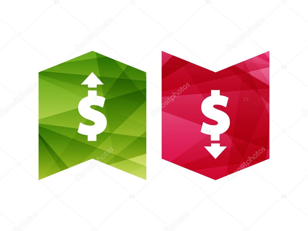 Colorful dollar up and down sign icon badge banner. Vector graphic illustration template. Isolated on white background.