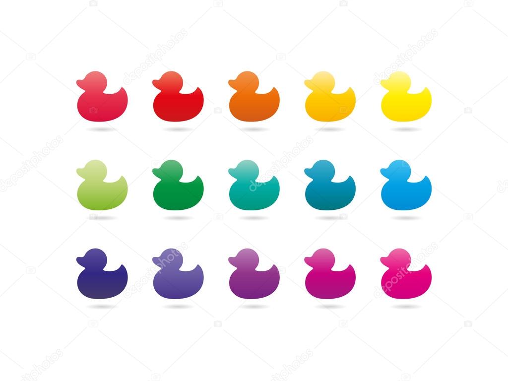Colorful rainbow spectrum duck icons. Animal symbol. Vector graphic illustration template. Isolated on white background.