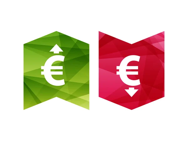 Colorful currency up and down sign icon on green and red badge banner. Vector graphic illustration template. Isolated on white background. — Stock Vector