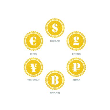Euro dolar Yen Yuan Bitcoin Rublesi Lirası ana para birimleri semboller grunge işareti daire içine alın. Beyaz arka plan üzerinde izole vektör çizim grafik şablonu.