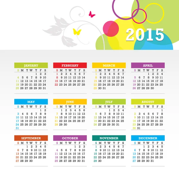 Барвистий календар 2015 року. Тиждень починається з неділі. Векторний графічний шаблон . — стоковий вектор