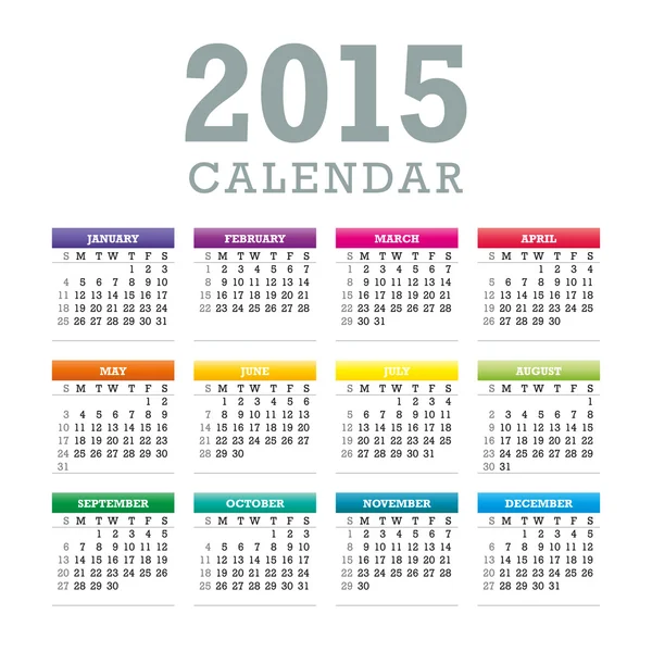 Bunte Kalender 2015. Die Woche beginnt mit Sonntag. Vektorgrafik-Vorlage. — Stockvektor