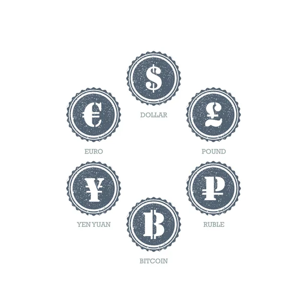 Euro Dollaro Yen Yuan Bitcoin Rublo Sterlina Mainstream simboli di valute sul segno cerchio grunge. Modello grafico illustrazione vettoriale isolato su sfondo bianco . — Vettoriale Stock