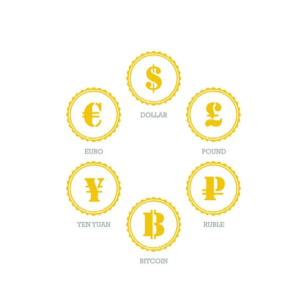 Euro Dollar Yen Yuan Bitcoin Ruble Pound Mainstream currencies symbols on grunge circle sign. Vector illustration graphic template isolated on white background. — Stock Vector