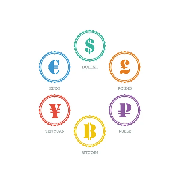 Euro dolar Yen Yuan Bitcoin Rublesi Lirası ana para birimleri semboller grunge işareti daire içine alın. Beyaz arka plan üzerinde izole vektör çizim grafik şablonu.