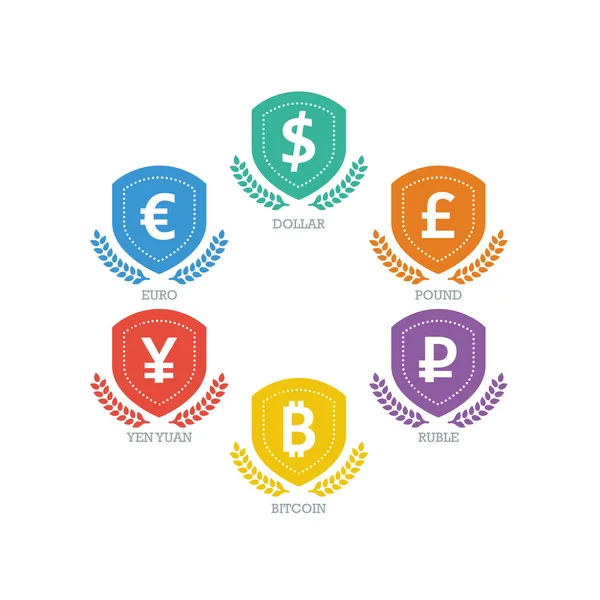 Euro Dollar Yen Yuan Bitcoin Ruble Pound Mainstream currencies symbols on grunge circle sign. Vector illustration graphic template isolated on white background. — Stock Vector