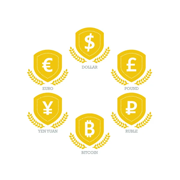 Euro Dollar Yen Yuan Bitcoin Rubel Pfund Mainstream-Währungen Symbole auf Grunge Circle Zeichen. Vektor Illustration Grafik Vorlage isoliert auf weißem Hintergrund. — Stockvektor
