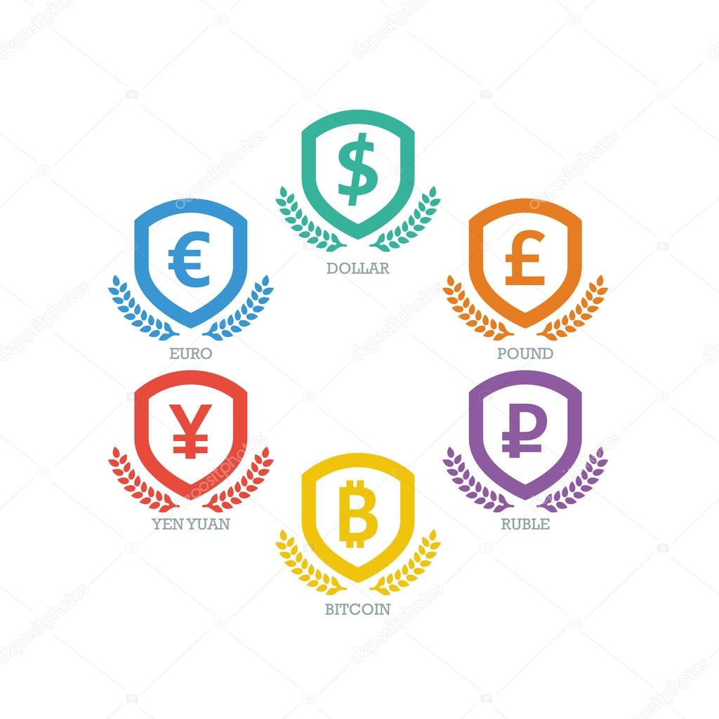Euro Dollar Yen Yuan Bitcoin Ruble Pound Mainstream currencies symbols on grunge circle sign. Vector illustration graphic template isolated on white background.