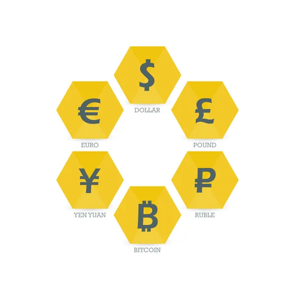 Euro Dollaro Yen Yuan Bitcoin Rublo Sterlina Mainstream simboli di valute sul segno cerchio grunge. Modello grafico illustrazione vettoriale isolato su sfondo bianco . — Vettoriale Stock