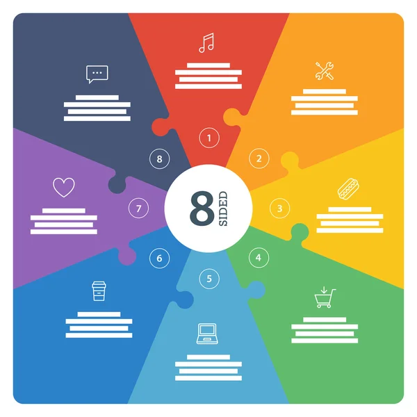 Genummerde platte regenboog spectrum gekleurde puzzel presentatie infographic grafiek met verklarende tekstveld geïsoleerd op een witte achtergrond. Vector grafische sjabloon. — Stockvector