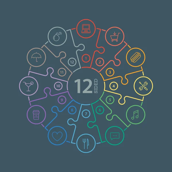 Schema infografico con presentazione di puzzle colorato a spettro arcobaleno piatto numerato con icone isolate su sfondo scuro — Vettoriale Stock